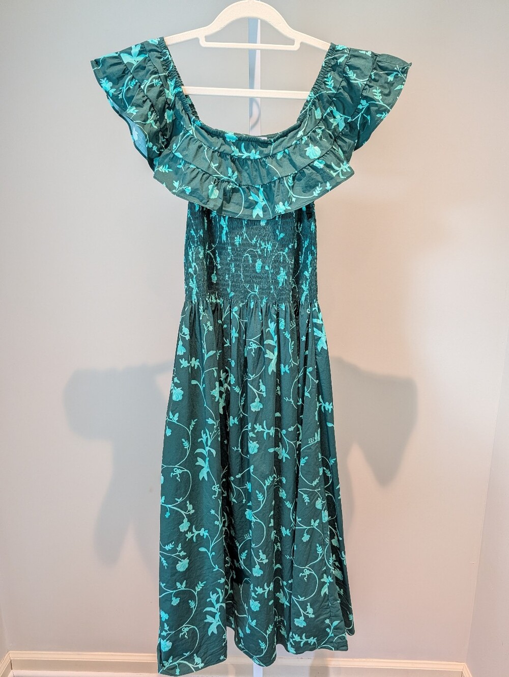 Hill House Home Ellie Smocked Nap Dress Emerald Botanical Green Ruffle Midi Sz S